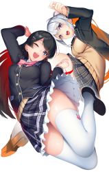 Rule 34 | 2girls, black hair, blue eyes, buttons, cardigan, commentary request, dutch angle, gradient hair, highres, higuchi kaede, higuchi kaede (1st costume), jumping, long sleeves, looking at viewer, mole, mole under eye, multicolored hair, multiple girls, neck ribbon, nijisanji, one eye closed, open mouth, orange hair, pink ribbon, plaid, plaid skirt, pleated skirt, purple eyes, red hair, ribbon, ryuji (ikeriu), school uniform, shoes, silver hair, simple background, skirt, smile, thighhighs, thighs, tsukino mito, tsukino mito (1st costume), virtual youtuber, white background, white legwear