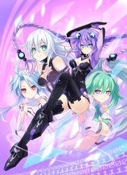 Rule 34 | 10s, 4girls, absurdres, ahoge, armpits, arms up, bare shoulders, binary, black footwear, black gloves, black heart (neptunia), black legwear, blanc (neptunia), blue eyes, blue hair, blush, boots, braid, breasts, breasts apart, bright pupils, choujigen game neptune, cleavage, cleavage cutout, clothing cutout, collarbone, covered collarbone, from side, frown, full body, gloves, glowing, gradient background, green hair, green heart (neptunia), hair between eyes, hair intakes, hair ornament, halterneck, highres, invisible chair, large breasts, leotard, long hair, medium breasts, multiple girls, neon trim, neptune (neptunia), neptune (series), noire (neptunia), official art, ponytail, power symbol, power symbol-shaped pupils, purple background, purple eyes, purple hair, purple heart (neptunia), red eyes, short hair with long locks, silver hair, sitting, small breasts, smile, symbol-shaped pupils, thigh boots, thighhighs, tsunako, twin braids, vert (neptunia), very long hair, white heart (neptunia)