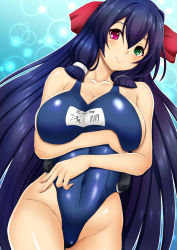 Rule 34 | 1girl, asama tomo, breasts, cleavage, covered navel, green eyes, hair ribbon, heterochromia, highres, huge breasts, kyoukaisenjou no horizon, long hair, one-piece swimsuit, purple hair, red eyes, ribbon, school swimsuit, sideboob, solo, swimsuit, tomatto (@ma!)