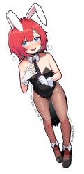 Rule 34 | 1girl, absurdres, ange katrina, animal ears, black leotard, black necktie, blue eyes, blush, commentary, detached collar, embarrassed, fake animal ears, fishnet pantyhose, fishnets, full body, gloves, hair intakes, hatyuuruinohito, highres, leotard, necktie, nijisanji, open mouth, pantyhose, playboy bunny, rabbit ears, red hair, short hair, simple background, smile, solo, strapless, strapless leotard, virtual youtuber, white background, white gloves, wrist cuffs