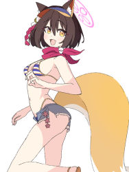Rule 34 | alternate costume, animal ears, bikini, bikini under clothes, blue archive, blue hat, breasts, commentary request, fang, fox ears, fox tail, hair ornament, halo, hat, izuna (blue archive), izuna (swimsuit) (blue archive), karon (karon cha), looking at viewer, medium breasts, medium hair, pink halo, sandals, scarf, short shorts, shorts, simple background, striped bikini, striped clothes, swimsuit, tail, visor cap, white background, yellow hat