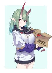 Rule 34 | 1girl, absurdres, baffu, box, breasts, broken horn, chocolate, copyright request, cowboy shot, cropped legs, food, food on face, green hair, hair between eyes, heart-shaped box, highres, holding carton, hood, hoodie, horns, large breasts, long hair, long sleeves, looking at viewer, multicolored clothes, multicolored hoodie, original, pointy ears, purple hoodie, red eyes, smile, solo, translation request, two-tone background, white hoodie