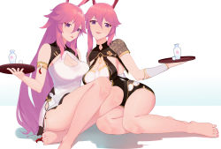 Rule 34 | 2girls, absurdres, alcohol, animal ears, bad id, bad pixiv id, bare shoulders, barefoot, breasts, china dress, chinese clothes, cleavage, covered collarbone, cup, dot nose, dress, drinking glass, dual persona, feet, feet out of frame, female focus, fox ears, full body, grin, highres, holding, holding tray, honkai (series), honkai impact 3rd, jliaan, lips, lipstick, long hair, looking at viewer, makeup, multiple girls, nail polish, open mouth, parted lips, pink hair, pink nails, purple eyes, sake, shadow, simple background, sitting, sleeveless, sleeveless dress, smile, teeth, toenail polish, toenails, toes, tray, white background, white dress, wine glass, yae kasumi, yae sakura, yae kasumi
