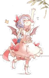Rule 34 | 1girl, 60mai, arm up, arrow (symbol), bat wings, blush, bow, branch, closed eyes, frilled skirt, frills, full body, hat, hat bow, leaf, mob cap, no shoes, puffy sleeves, purple hair, remilia scarlet, ribbon, shirt, short hair, short sleeves, simple background, skirt, skirt set, socks, solo, standing, standing on one leg, tanabata, tanzaku, tears, text focus, touhou, trembling, vest, white background, white socks, wings