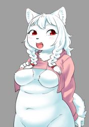 Rule 34 | 1girl, 848siba, absurdres, dog, furry, furry female, highres, long hair, open mouth, red eyes, solo, sweater, white hair