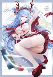 1girl absurdres age_fx antlers arm_behind_head armpits ass azur_lane blue_hair breasts capelet commentary_request corset detached_sleeves english_text from_below full_body grin high_heels highres horns legs long_hair lying maid_headdress medium_breasts merry_christmas neptune_(azur_lane) neptune_(princess_of_the_reindeers)_(azur_lane) no_bra on_side panties presenting_armpit red_capelet smile solo thighhighs thighs underboob underwear very_long_hair white_corset white_panties yellow_eyes