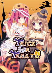 Rule 34 | 2girls, :p, bandages, bikini, braid, breasts, broom, broom riding, brown hair, candy, cleavage, food, halloween, hat, highres, jack-o&#039;-lantern, large breasts, lollipop, long hair, medium breasts, megarisu, multiple girls, original, outstretched hand, pink hair, pumpkin, purple eyes, red eyes, silhouette, silk, smile, spider web, striped bikini, striped clothes, striped legwear, striped thighhighs, swimsuit, thighhighs, tongue, tongue out, trick or treat, twin braids, twintails, witch, witch hat