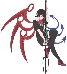 Rule 34 | 1girl, asymmetrical wings, black dress, black hair, black thighhighs, bow, commentary, dress, full body, hair over one eye, highres, houjuu nue, looking at viewer, mefomefo, one eye covered, pointy ears, polearm, red bow, red eyes, red footwear, shoes, short dress, short hair, simple background, smile, snake, solo, thighhighs, touhou, trident, weapon, white background, wings, zettai ryouiki
