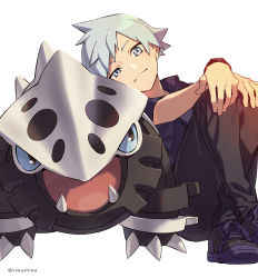 Rule 34 | 1boy, aged down, black pants, closed mouth, commentary request, creatures (company), game freak, gen 3 pokemon, grey eyes, grey hair, highres, lairon, light blush, looking at viewer, male focus, nintendo, pants, pokemon, pokemon (creature), pokemon rse, purple footwear, shirt, shoes, short hair, short sleeves, sitting, smile, spiked hair, steven stone, twitter username, white background, xia (ryugo)