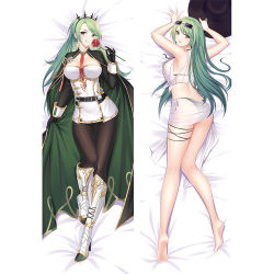 Rule 34 | 1girl, ass, azur lane, bare shoulders, barefoot, belt, bikini, black belt, black bikini, black gloves, black pantyhose, breasts, cape, crop top, dakimakura (medium), dress, erspace, eyewear on head, flower, gloves, green cape, green hair, hat, holding, holding flower, large breasts, littorio (azur lane), littorio (the glory of naples) (azur lane), long hair, looking at viewer, lying, multiple views, neckwear between breasts, on back, on stomach, pantyhose, parted bangs, red neckwear, rose, sarong, shirt, smile, swimsuit, thigh strap, thighs, tied shirt, white dress, white footwear