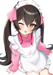 Rule 34 | 1girl, absurdres, apron, arm support, black hair, blush, commentary, eyelashes, flat chest, frilled apron, frills, from above, hair between eyes, hair ribbon, highres, idolmaster, idolmaster cinderella girls, jacket, long hair, long sleeves, looking at viewer, maid apron, maid headdress, matoba risa, nyubebe, one eye closed, pink jacket, pink ribbon, ribbon, sidelocks, sitting, sleeves past wrists, smile, solo, thighs, tongue, tongue out, track jacket, twintails, white apron, white background, yellow eyes, zipper pull tab