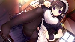 Rule 34 | 1girl, :&gt;, adjusting hair, blush, breasts, brown hair, closed mouth, day, feet, frilled skirt, frills, from below, game cg, groin, hand up, haruoto alice gram, indoors, large breasts, legs, light rays, long hair, looking at viewer, looking down, lying, maid, maid headdress, mitha, no shoes, original, panties, panties under pantyhose, pantyhose, pink eyes, rindou yaya, skirt, smile, thighs, toes, underwear, window, wrist cuffs