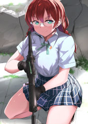 Rule 34 | 1girl, absurdres, assault rifle, black gloves, braid, breasts, brown hair, butter curry, closed mouth, collared shirt, emma verde, freckles, gloves, goggles, green eyes, gun, headset, highres, holding, holding gun, holding weapon, large breasts, long hair, love live!, love live! nijigasaki high school idol club, nijigasaki school uniform, plaid, plaid skirt, rifle, school uniform, scope, shirt, short sleeves, sig sg552, skirt, solo, squatting, thighs, twin braids, weapon, white shirt