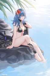 Rule 34 | 1girl, artist name, barefoot, bikini, black bikini, black cape, blue hair, breasts, byleth (female) (fire emblem), byleth (female) (summer) (fire emblem), byleth (fire emblem), cape, cleavage, commentary, dagger, english commentary, fire emblem, fire emblem: three houses, fire emblem heroes, flower, hair between eyes, hair flower, hair ornament, hibiscus, highres, knife, large breasts, leaf, long hair, looking at viewer, moja (rainpoow), nintendo, official alternate costume, parted lips, partially submerged, purple eyes, red flower, signature, sitting, solo, swimsuit, toes, water, weapon