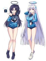Rule 34 | 2girls, absurdres, black footwear, black shirt, blue archive, blue buruma, blue jacket, blush, breasts, buruma, closed mouth, drone, facial mark, full body, grey hair, halo, hamu (hvmzld123), highres, id card, jacket, lanyard, large breasts, long hair, long sleeves, mechanical halo, multiple girls, noa (blue archive), official alternate costume, open mouth, partially unzipped, purple eyes, purple hair, shirt, shoes, simple background, smile, star (symbol), track jacket, white background, white footwear, yuuka (blue archive), yuuka (track) (blue archive)