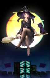 Rule 34 | 1boy, 1girl, black cat, black dress, broom, broom riding, cat, city, cityscape, commentary request, cyberpunk, dress, finalcake, fore, full moon, halloween, hat, high heels, jewelry, jill stingray, crossed legs, moon, necklace, night, night sky, pantyhose, purple hair, sky, thighs, trick or treat, twintails, va-11 hall-a, witch, witch hat