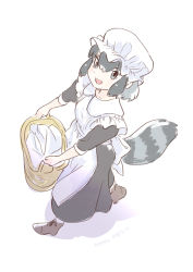 Rule 34 | 10s, 1girl, alternate costume, apron, blue eyes, boots, commentary request, common raccoon (kemono friends), dress, enmaided, from above, grey hair, hat, kemono friends, korean commentary, laundry basket, long dress, maid, maid apron, maid cap, mob cap, multicolored hair, raccoon tail, roonhee, short hair, short sleeves, solo, tail, victorian maid