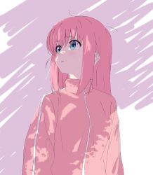 Rule 34 | 1girl, :o, absurdres, blue eyes, bocchi the rock!, doublep0ints, feet out of frame, female focus, gotoh hitori, highres, looking afar, looking up, open mouth, pink hair, pink track suit, shadow, solo, upper body, white background