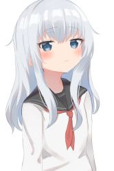 Rule 34 | 1girl, black sailor collar, blue eyes, hibiki (kancolle), highres, kantai collection, long hair, long sleeves, looking at viewer, neckerchief, red neckerchief, sailor collar, school uniform, serafuku, shirt, silver hair, simple background, solo, tachibana (x quick), white background, white shirt