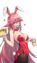 Rule 34 | 1girl, :d, alcohol, animal ears, ass, bare shoulders, beer, beer mug, blush, bow, bowtie, breasts, brown pantyhose, cleavage, collarbone, commentary request, cup, detached collar, drunk, earrings, eyelashes, fang, floppy ears, fox ears, from side, genshin impact, hair between eyes, hand up, highres, holding, holding tray, jewelry, large breasts, leotard, long hair, looking at viewer, mole, mole on breast, mug, open mouth, pantyhose, pink hair, piyo (pixiv 2308057), playboy bunny, purple eyes, rabbit ears, rabbit tail, red bow, red bowtie, red leotard, side slit, skin fang, smile, solo, standing, strapless, strapless leotard, tail, thighs, tray, wing collar, wrist cuffs, yae miko