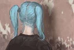 Rule 34 | 1boy, blue hair, crack, cracked wall, facing away, from behind, male focus, medium hair, mossacannibalis, nape, portrait, sal fisher, sally face, solo, trap, twintails, upper body