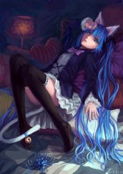 Rule 34 | 1girl, animal ears, blue eyes, blue flower, blue hair, blue spider lily, cat ears, colored eyelashes, flower, frilled skirt, frills, gothic lolita, hand on own head, hatsune miku, kemonomimi mode, lolita fashion, long hair, matching hair/eyes, sitting, skirt, solo, spider lily, thighhighs, tuzki, twintails, very long hair, vocaloid, zettai ryouiki