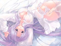 Rule 34 | 00s, 1girl, breasts, canvas 2, cleavage, garter belt, impossible clothes, impossible shirt, lace, lace-trimmed panties, lace trim, large breasts, lingerie, lying, miwa yoshikazu, no bra, on back, original, panties, purple eyes, purple hair, saginomiya saya, shirt, solo, thighhighs, underwear, wallpaper, white panties, white thighhighs