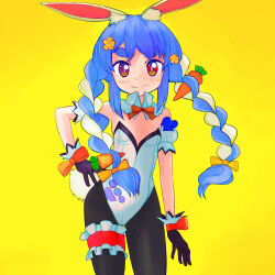Rule 34 | 1girl, animal ear fluff, animal ears, black pantyhose, blue hair, bow, braid, breasts, bridal garter, carrot, carrot hair ornament, cleavage, closed mouth, detached collar, detached sleeves, flower, food-themed hair ornament, gloves, hair bow, hair flower, hair ornament, hand on own hip, highres, hololive, legs apart, leotard, light blue hair, multicolored eyes, multicolored hair, orange eyes, orange flower, pantyhose, pink pupils, puffy short sleeves, puffy sleeves, purple gloves, rabbit ears, rabbit girl, red bow, red eyes, short sleeves, sidelocks, simple background, small breasts, smile, solo, split mouth, standing, strapless, strapless leotard, thick eyebrows, tsukiyono aroe, twin braids, two-tone hair, usada pekora, virtual youtuber, white hair, white leotard, white sleeves, wrist bow, yellow background, yellow bow