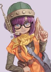 Rule 34 | 1girl, bag, belt, blue eyes, blush, chrono trigger, closed mouth, earpiece, glasses, gun, helmet, highres, looking at viewer, lucca ashtear, purple hair, scarf, shiren (ourboy83), short hair, smile, solo, square enix, weapon
