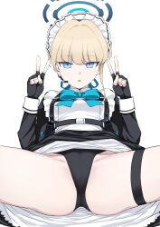 Rule 34 | 1girl, apron, blonde hair, blue archive, blue bow, blue bowtie, blue eyes, blue ribbon, bow, bowtie, braid, bun cover, chest harness, crotch, double v, earpiece, elbow gloves, fingerless gloves, frilled apron, frills, gloves, hair ribbon, halo, hands up, harness, juliet sleeves, kumadano, leotard, leotard under clothes, long sleeves, lying, maid headdress, on back, puffy sleeves, ribbon, spread legs, thigh strap, toki (blue archive), v, white apron, white background