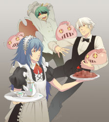Rule 34 | 3boys, alternate costume, anger vein, animal, apron, ascot, axe, bad food, black bow, black dress, black neckwear, black pants, black vest, blue hair, bow, bowtie, butler, censored, censored food, center frills, chef, chef hat, clenched teeth, closed mouth, collared shirt, commentary, cowboy shot, crossdressing, cup, dress, english commentary, enmaided, eremes guile, expressionless, eyes visible through hair, frilled apron, frills, full body, green hair, grey background, hair between eyes, hat, holding, holding animal, holding axe, howard alt-eisen, long hair, long sleeves, maid, maid apron, maid headdress, metaling, multiple boys, one-eyed, open mouth, pants, puffy short sleeves, puffy sleeves, ragnarok online, red eyes, red flag, red neckwear, salas, seyren windsor, shaded face, shirt, short hair, short sleeves, signature, simple background, sleeves rolled up, spill, standing, sweat, swinging, teacup, teapot, tearing up, teeth, tray, upper teeth only, vest, weapon, white apron, white hair, white shirt