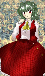 Rule 34 | 1girl, ascot, blush, breasts, collared shirt, contrapposto, ascot, curly hair, dress shirt, floral background, flower, green eyes, kazami yuuka, large breasts, long skirt, long sleeves, official style, plaid, plaid skirt, plaid vest, red eyes, sakuragi rian, shirt, short hair, skirt, smile, solo, standing, sunflower, touhou, vest, white shirt, zun (style)