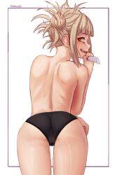 Rule 34 | 1girl, artist name, ass, black panties, blonde hair, boku no hero academia, cameltoe, cleft of venus, cowboy shot, from behind, highres, holding, holding knife, knife, looking at viewer, messy hair, open mouth, panties, seraziel, solo, teeth, toga himiko, topless, underwear, underwear only, white background, yellow eyes