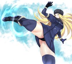 Rule 34 | 1girl, anagumasan, black gloves, black panties, black thighhighs, blonde hair, blue eyes, boots, breasts, buttons, capcom, coat, fur hat, fur trim, gloves, gluteal fold, hat, highres, kicking, kolin, lips, long hair, looking at another, muscular, muscular female, panties, pantyshot, solo, standing, standing on one leg, street fighter, street fighter v, thick thighs, thighhighs, thighs, underwear, ushanka, wavy hair, wide hips, winter clothes, winter coat, zettai ryouiki