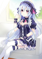 Rule 34 | 1girl, absurdres, blush, bow, breasts, fairy fencer f, frills, hairband, highres, lolita fashion, lolita hairband, long hair, looking at viewer, medium breasts, official art, open mouth, pink eyes, ribbon, sitting, skirt, solo, tiara (fairy fencer f), tsunako, white hair