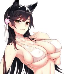 Rule 34 | 1girl, animal ears, atago (azur lane), atago (summer march) (azur lane), azur lane, bikini, black hair, blush, breasts, brown eyes, choker, closed mouth, cocq taichou, collarbone, covered erect nipples, flower, hair flower, hair ornament, hand on own chest, large breasts, lips, long hair, looking at viewer, mole, mole under eye, simple background, skindentation, solo, swimsuit, upper body, white background, white bikini