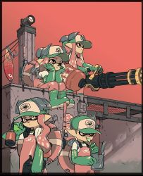 Rule 34 | 1boy, 3girls, baseball cap, boots, dual wielding, eating, elbow gloves, gatling gun, gloves, green gloves, hat, highres, holding, inkling, inkling boy, inkling girl, inkling player character, multiple boys, multiple girls, nintendo, red eyes, red hair, rubber boots, salmon run (splatoon), simple background, sitting, splatoon (series), splatoon 2, tarou2, tentacle hair, utensil in mouth, weapon, weapon request