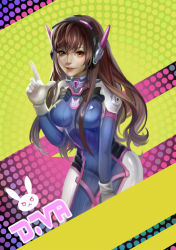 Rule 34 | 1girl, 9thmonster, animal print, blue bodysuit, bodysuit, breasts, brown eyes, brown hair, character name, cowboy shot, d.va (overwatch), facepaint, facial mark, finger gun, gloves, headphones, high collar, leaning forward, lips, long hair, looking at viewer, matching hair/eyes, medium breasts, nose, overwatch, overwatch 1, parted lips, pilot suit, polka dot, polka dot background, rabbit print, ribbed bodysuit, shoulder pads, skin tight, smile, solo, striped, striped background, swept bangs, whisker markings, white gloves