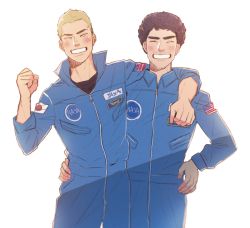 Rule 34 | 2boys, arm around shoulder, arm around waist, bad id, bad pixiv id, black hair, blonde hair, brothers, clenched hand, closed eyes, facial hair, hand on own hip, jumpsuit, male focus, multiple boys, nanba hibito, nanba mutta, nasa logo, popped collar, shin (pixiv19241321), siblings, simple background, smile, standing, stubble, uchuu kyoudai, white background, zipper