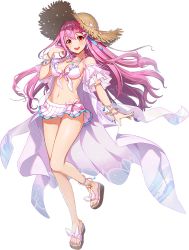 Rule 34 | 1girl, amy (grand chase), amy aruha, bracelet, breasts, cleavage, collarbone, detached sleeves, earrings, full body, grand chase, hat, jewelry, long hair, looking at viewer, medium breasts, necklace, official art, open mouth, pink hair, red eyes, silk sheet, smile, solo, sparkle, standing, sun hat, swimsuit, transparent background