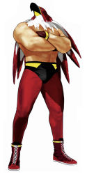 Rule 34 | 1boy, ankle boots, bare pectorals, boots, crossed arms, fatal fury, full body, garou: mark of the wolves, griffon mask, looking afar, looking away, looking up, male focus, mask, muscular, official art, pectorals, red footwear, shoelaces, simple background, snk, solo, spandex, takkun (snk), the king of fighters, the king of fighters 2003, the king of fighters xi, topless male, white background, wrestler, wrestling mask, wrestling outfit