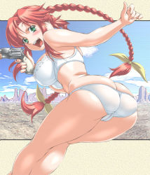 Rule 34 | 1girl, ass, blush, bra, braid, breasts, butt crack, cameltoe, canyon, day, green eyes, gun, jon shicchiou, large breasts, lingerie, long hair, panties, rebecca streisand, red hair, sky, solo, twin braids, twintails, underwear, underwear only, weapon, white bra, white panties, wild arms, wild arms 5