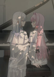 Rule 34 | 2girls, black bow, blush, bow, braid, chihuri, commentary request, ende (chihuri), eye contact, from behind, grand piano, grey hair, hair between eyes, hair bow, hair intakes, highres, instrument, jacket, long sleeves, looking at another, multiple girls, nea (chihuri), original, parted lips, piano, piano bench, pink hair, profile, shirt, smile, twin braids, white jacket, white shirt, yuri