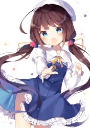Rule 34 | 10s, 1girl, ahoge, beret, between fingers, blue dress, blue eyes, blush, board game, brown hair, commentary request, dress, hand up, hat, head tilt, highres, hinatsuru ai, holding, layered sleeves, long hair, long sleeves, looking at viewer, low twintails, open mouth, outstretched arm, puffy short sleeves, puffy sleeves, ryuuou no oshigoto!, school uniform, shiino sera, shogi, short over long sleeves, short sleeves, solo, sparkle, twintails, very long hair, white background, white hat