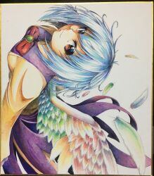 Rule 34 | 1girl, 283win, absurdres, acrylic paint (medium), bow, bowtie, breasts, brown eyes, closed mouth, commentary request, dress, feathers, from above, grey hair, highres, kishin sagume, long sleeves, looking at viewer, medium breasts, painting (medium), photo (medium), purple dress, red bow, red bowtie, shikishi, short hair, simple background, single wing, smile, solo, touhou, traditional media, watercolor (medium), white feathers, white wings, wings