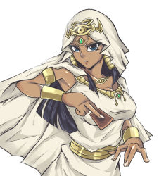 Rule 34 | 1girl, armlet, beruzumi-m, black hair, blue eyes, bracelet, breasts, card, cleavage, dark-skinned female, dark skin, egyptian, forehead jewel, holding, holding card, ishizu ishtar, jewelry, large breasts, long hair, looking at viewer, millennium necklace, parted lips, simple background, solo, upper body, white background, yu-gi-oh!, yu-gi-oh! duel monsters