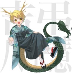 Rule 34 | 1girl, absurdres, antlers, blonde hair, dragon girl, dragon horns, dragon tail, happy new year, highres, horns, japanese clothes, keiki8296, kicchou yachie, kimono, looking at viewer, new year, open mouth, short hair, smile, tail, touhou, turtle shell, yellow eyes, yellow horns