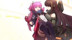 Rule 34 | 2girls, bare shoulders, black jacket, black legwear, black scarf, blue eyes, breasts, brown eyes, carrying, character name, commentary, detached sleeves, feet out of frame, girls&#039; frontline, gloves, green hair, hair between eyes, hair ornament, headphones, headphones around neck, highres, holding, holding person, jacket, kyma curry, large breasts, long hair, looking at viewer, m4a1 (girls&#039; frontline), m4a1 (mod3) (girls&#039; frontline), mod3 (girls&#039; frontline), multicolored clothes, multicolored hair, multicolored jacket, multiple girls, open mouth, pink gloves, pink hair, pink jacket, princess carry, purple eyes, ribbed sweater, scarf, side ponytail, st ar-15 (girls&#039; frontline), st ar-15 (mod3) (girls&#039; frontline), streaked hair, sweater, tagme, thigh strap, thighhighs, two-tone jacket