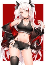 Rule 34 | 1girl, azur lane, bare shoulders, black bra, black nails, black panties, black shorts, black thighhighs, bra, breasts, choker, cleavage, collar, hair ribbon, hand on own hip, highres, jacket, jacket partially removed, large breasts, looking at viewer, mole, mole on breast, nail polish, navel, panties, panties under shorts, playing with own hair, prinz eugen (azur lane), red eyes, ribbon, short shorts, shorts, single thighhigh, smile, solo, sports bra, thighhighs, thong, twintails, underwear, white hair, yukineko1018