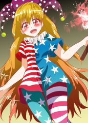 Rule 34 | 1girl, american flag dress, american flag legwear, blonde hair, blush, clownpiece, hat, highres, jester cap, long hair, matsuoka michihiro, open mouth, pantyhose, red eyes, solo, striped clothes, striped pantyhose, touhou